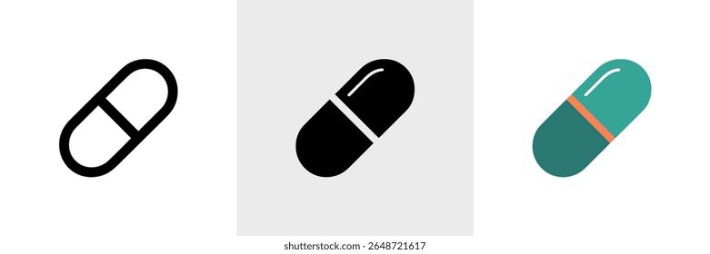 Three pill icons are displayed the first is an outline, the second is solid black, and the third is teal with an orange band detail set on white background.