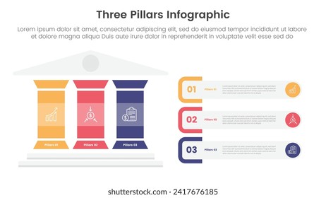 three pillars framework with ancient classic construction infographic 3 point stage template with colorfull pillar and rectangle round container for slide presentation