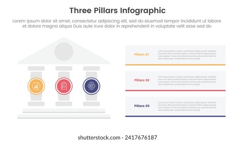 three pillars framework with ancient classic construction infographic 3 point stage template with pillars on left and rectangle box stack for slide presentation