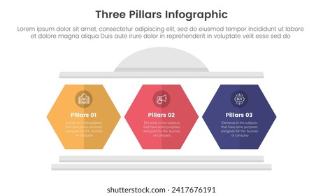 marco de tres pilares con infografía de construcción clásica antigua de 3 puntos de plantilla con forma de pilar hexágono para presentación de diapositivas