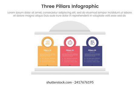 marco de tres pilares con la antigua infografía clásica de construcción de 3 puntos plantilla de escenario con pilar de bloque creativo y contorno de placa de círculo para presentación de diapositivas