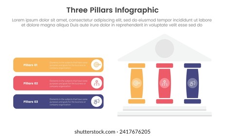 three pillars framework with ancient classic construction infographic 3 point stage template with right pillars and round rectangle description box for slide presentation