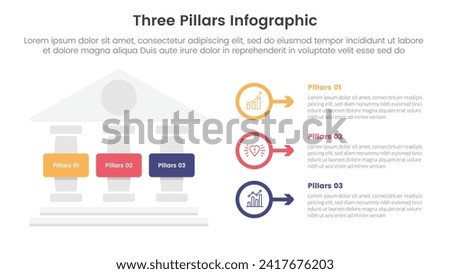 three pillars framework with ancient classic construction infographic 3 point stage template with left column and outline circle arrow for slide presentation