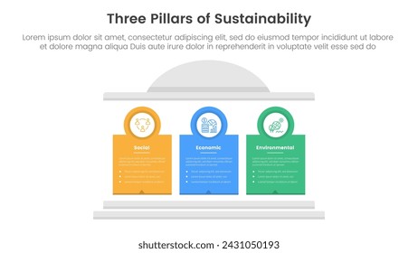 three pillars sustainability framework with ancient classic construction infographic 3 point stage template with creative block pillar and circle badge outline for slide presentation