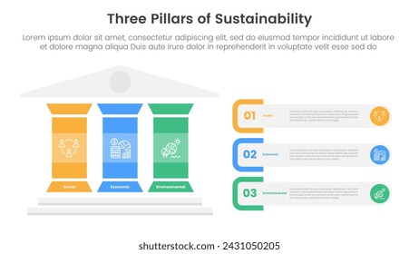 Drei Säulen Nachhaltigkeitsrahmen mit antiker klassischer Konstruktion Infografik 3 Punkt Bühnenschablone mit bunter Säule und rechteckigem rundem Behälter für Diapräsentation