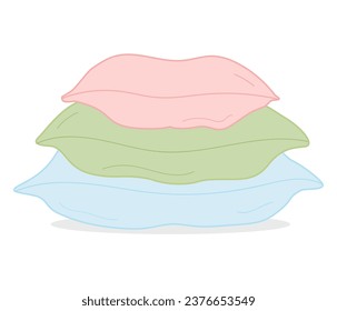 Three pillows in light blue, pink and green colors lying one on top of the other on a white background. Bedding
