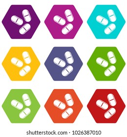 Three pills icon set many color hexahedron isolated on white vector illustration