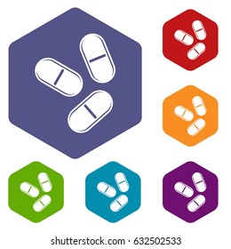 Three pills icons set hexagon isolated vector illustration