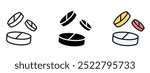 Three pills icons are shown in different editable colors and styles, set of Medicines icons, silhouette and editable colored icon