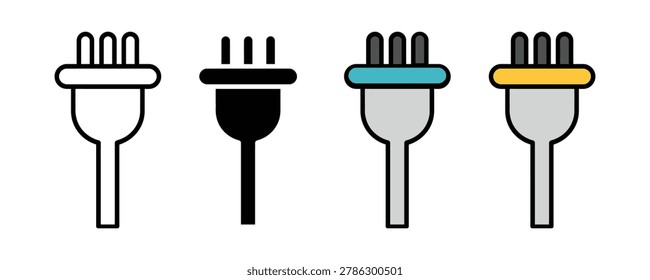 Three pin electrical plug icon set. electric power connector, household appliance wire plug, main electricity socket adapter icon. vector illustration