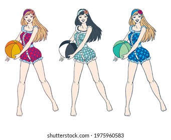 Three pin up holding a beach ball