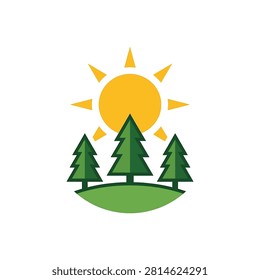 Three pine trees on green hill