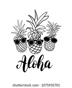 Three pineapple fruit with calligraphy word Aloha. Tropical summer vacation collection. Design for print. Black and white Vector illustration text Graphic printed tee