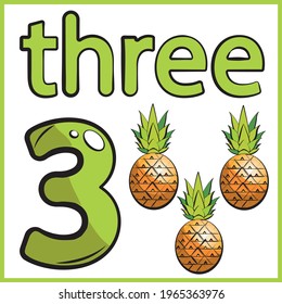 three pineapples, color card, the child learns math, counts the number of fruits, the concept of education, educational material