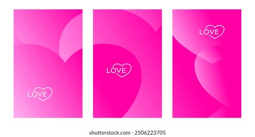 Three pink backgrounds with the word "love" and a heart.
