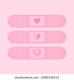 Three pink Band aid with various hearts shape minimalist, broken and sketched styled 