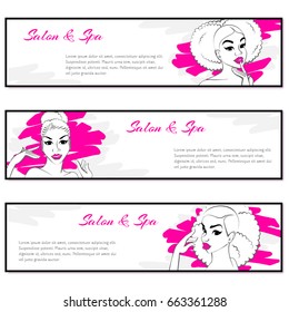 Three pink  banners with curly haired women  (eps10);