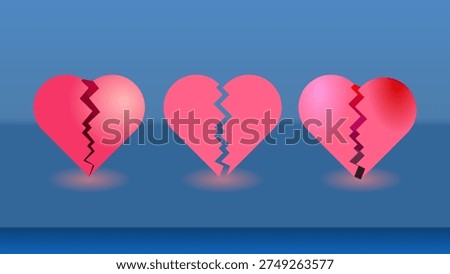 Three pink broken hearts with cracks and red fading symbolizing heartbreak and relationship breakup struggles