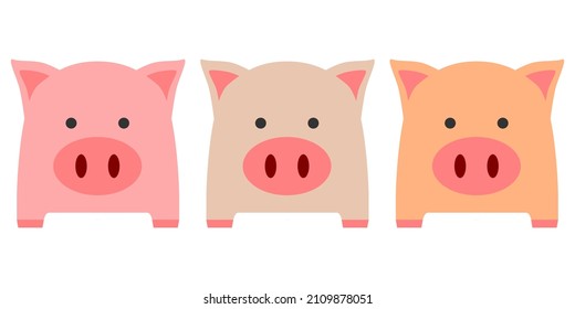 Drei rosafarbene, braune und orangefarbene, süße Schweine oder Ferkel auf weißem Hintergrund Cartoon-Charakter flach Vektordesign.