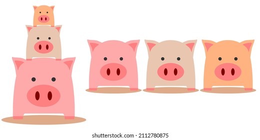 Drei rosafarbene, braune und orangefarbene, süße Schweine oder Ferkel auf weißem Hintergrund Cartoon-Charakter flach Vektordesign.