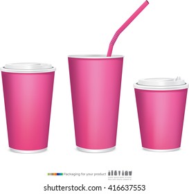 Three pink cardboard cups with a straws. Isolated on a white.