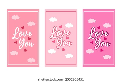 Tres tarjetas rosas cuentan con corazones nubes y texto Love You.