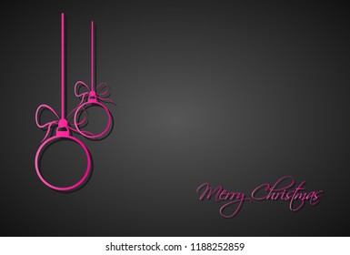 Three pink christmas balls with bows and strings on black background, holiday greeting card with merry christmas sign, vector iilustration