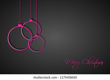 Three pink christmas balls on black background, holiday greeting card with merry christmas sign, vector iilustration