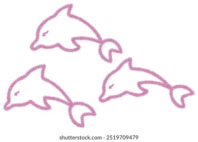 Three pink dolphins made of tinsel. Color vector illustration. Isolated white background. Collection of plush sea mammals. Ocean inhabitant with fins and tail. Idea for web design.