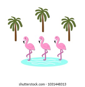 Three pink flamingos with tropical palm, vector illustration.
