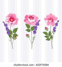 Three pink flowers with lavender