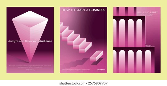 Three pink geometric posters with abstract designs. Business theme with steps, columns, and audience growth. Pink, geometric, business-focused visuals. Modern geometric business templates.