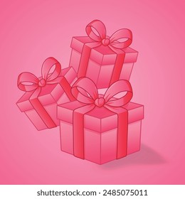 Tres cajas de regalo rosas con arcos rojos uno encima del otro. Cajas de regalo volando y cayendo, Concepto de celebración y alegría