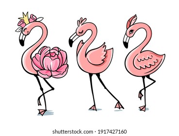 Three pink glamorous flamingos stand. Fashion bird, vector illustration, summer design, child print on t-shirt. Animal doodle graphic.