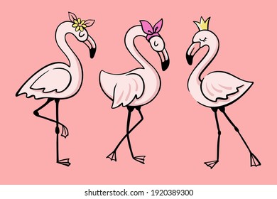 Three pink glamorous flamingos stand