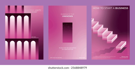 Three pink gradient posters with stairs, columns, and a doorway. Themes include business, unity, and innovation. Modern design with abstract elements. Pink gradient innovative business posters.