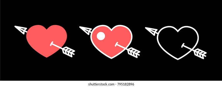 Three pink hearts with crossed arrow and white outline. For valentine day, holidays, celebration. Vector, isolated. Flat style
