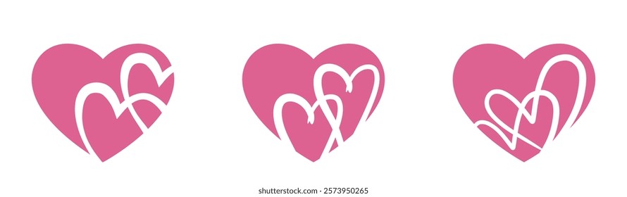 Three pink hearts with line hearts in it. Love and romantic symbols. Valentines design elements. Isolated vector images