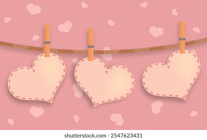 Tres corazones rosas en tendedero. Vacaciones internacionales de invierno para amigos y amantes Arte vectorial de San Valentín