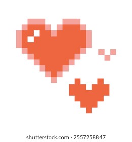 Three pink hearts, pixel art, digital drawing, retro style. Trendy modern vector illustration isolated on white background, flat design