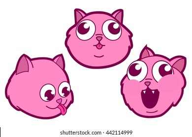 Three Pink Kitten or Cat Heads in Different Moods in a Cartoon Manga Style Set