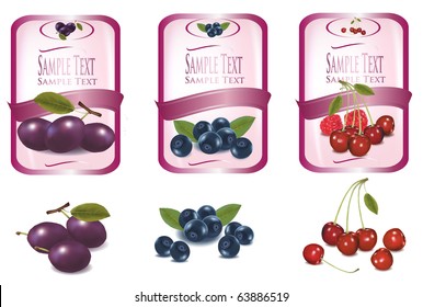Tres etiquetas rosas con diferentes tipos de fruta. Vector.