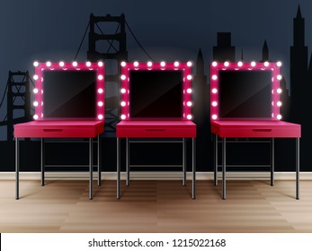 Three pink makeup mirrors with tables on background with new york wallpaper realistic composition vector illustration