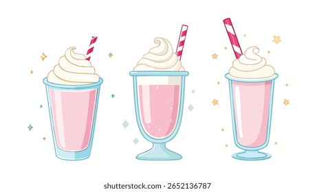 Three Pink Milkshakes with Whipped Cream and Striped Straws Illustration