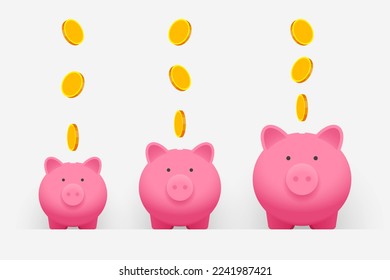 Three pink piggy banks and gold coins falling into them. Concept of money saving, business investment, family budget and financial planning, careful income distribution