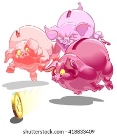 Three pink piggy banks run. Hand drawn vector illustration.
