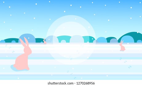 Three pink rabbits at snowy background. Template for greeting card and web sites