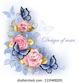 Three pink roses with blue and gold leaves, with blue butterflies sitting on them on white background. Rose Quartz and serenity.
