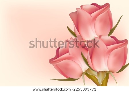 Three pink roses on a light background with copy space. Concept for valentine's day, birthday, mother's day, women's day. Universal holiday background. Vector image