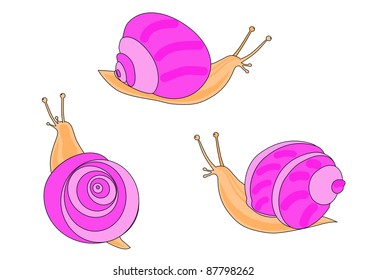 Three pink snail isolated on white. Cartoon.